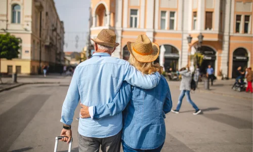 Senior travellers in a European city