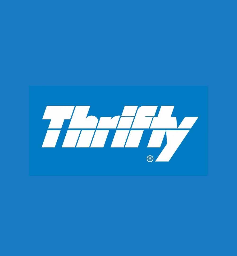 Thrifty car rentals logo on a blue background
