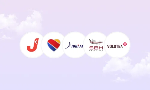 Jet2, Southwest, Toki Air, Saint Barth Executive and Volotea airline logos in a row