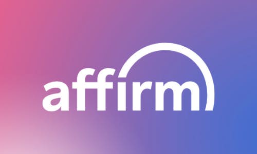 White Affirm logo on pink to blue gradient background