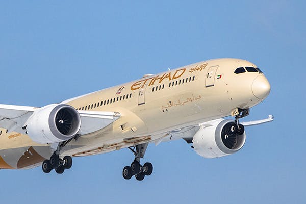 Picture of Etihad aircraft with landing gear down