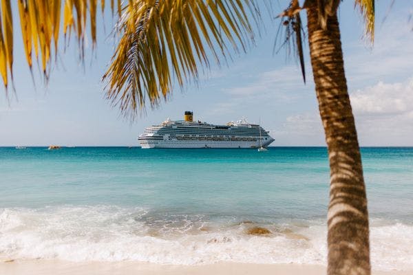 View of a cruise ship from a tropical beach