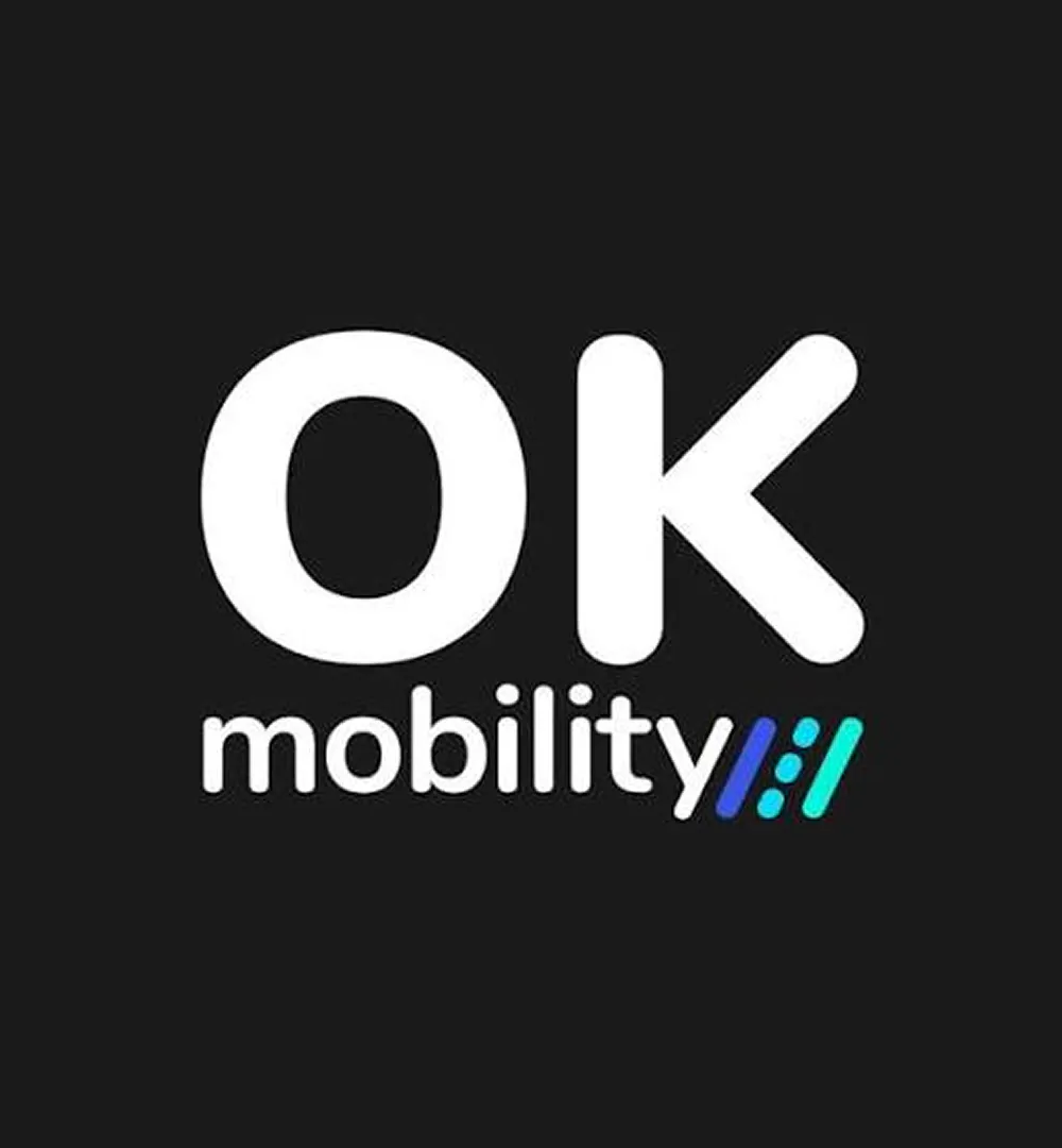 The white OK Mobility logo on a black square background
