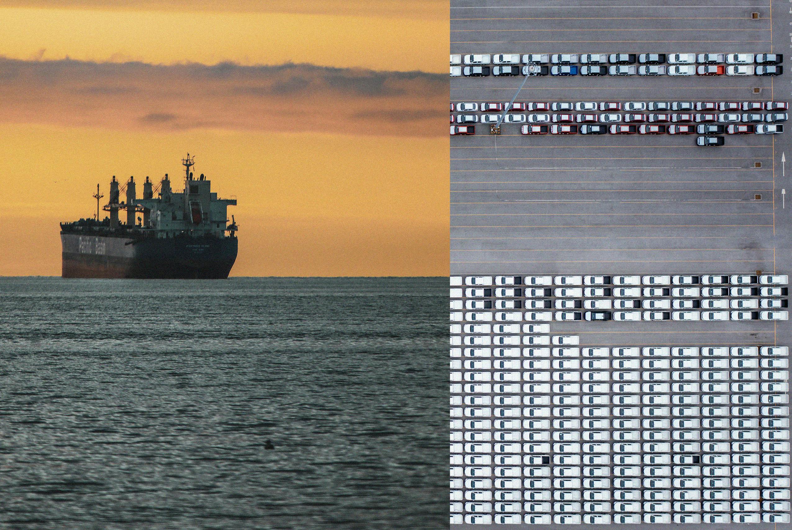 A shipping tanker, and overhead shots of shipping containers