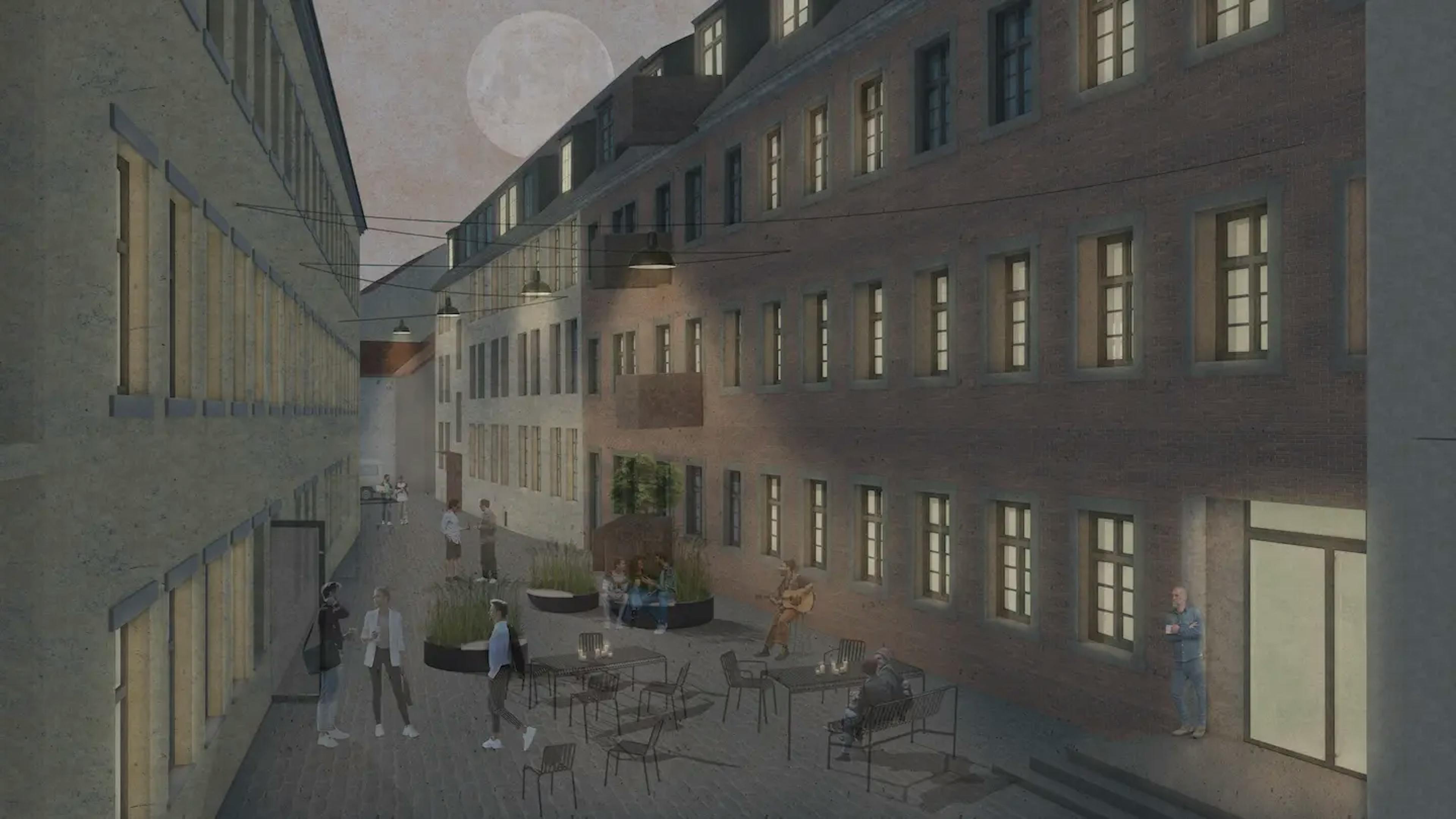 Konzeptionelle Skizze vom Hof bei Nacht