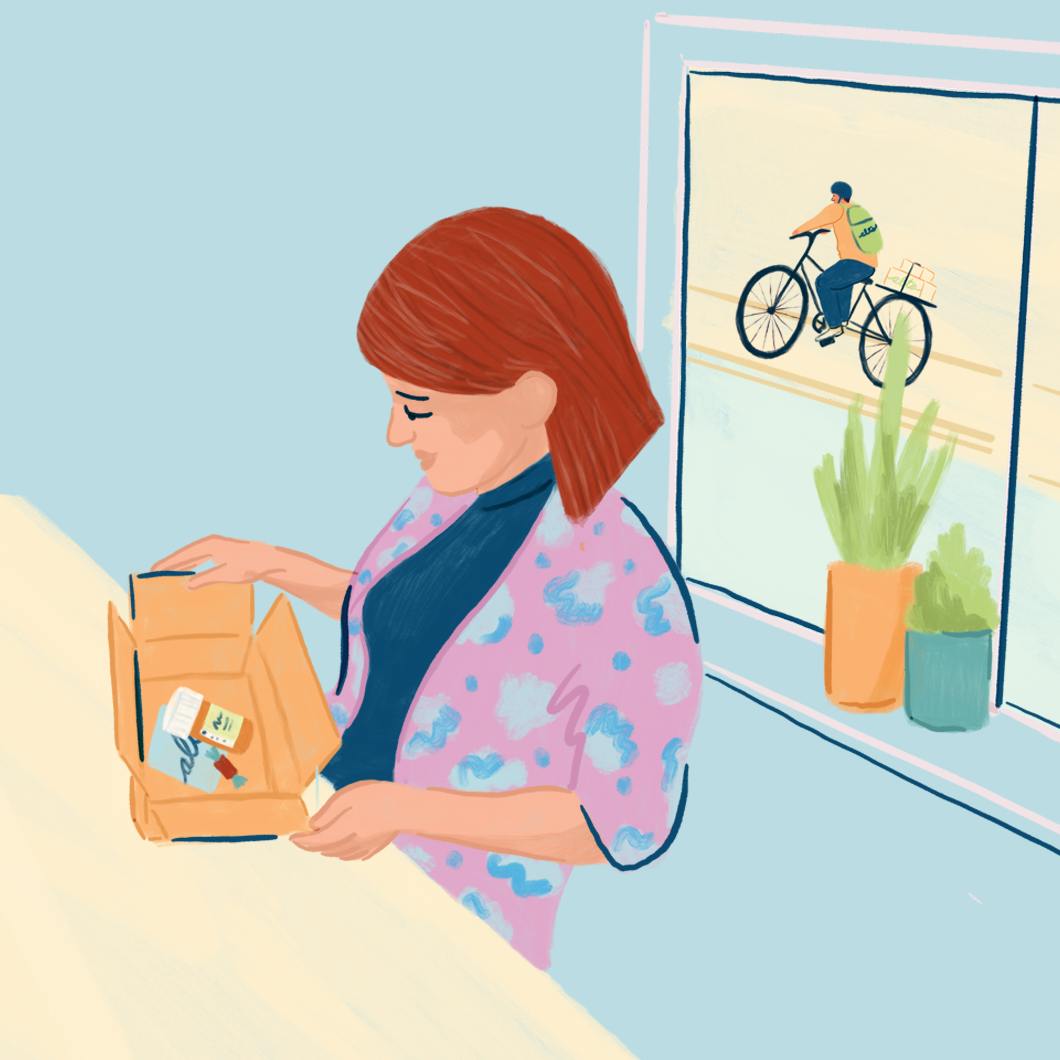 illustration of woman opening an alto delivery with an alto courier in the background