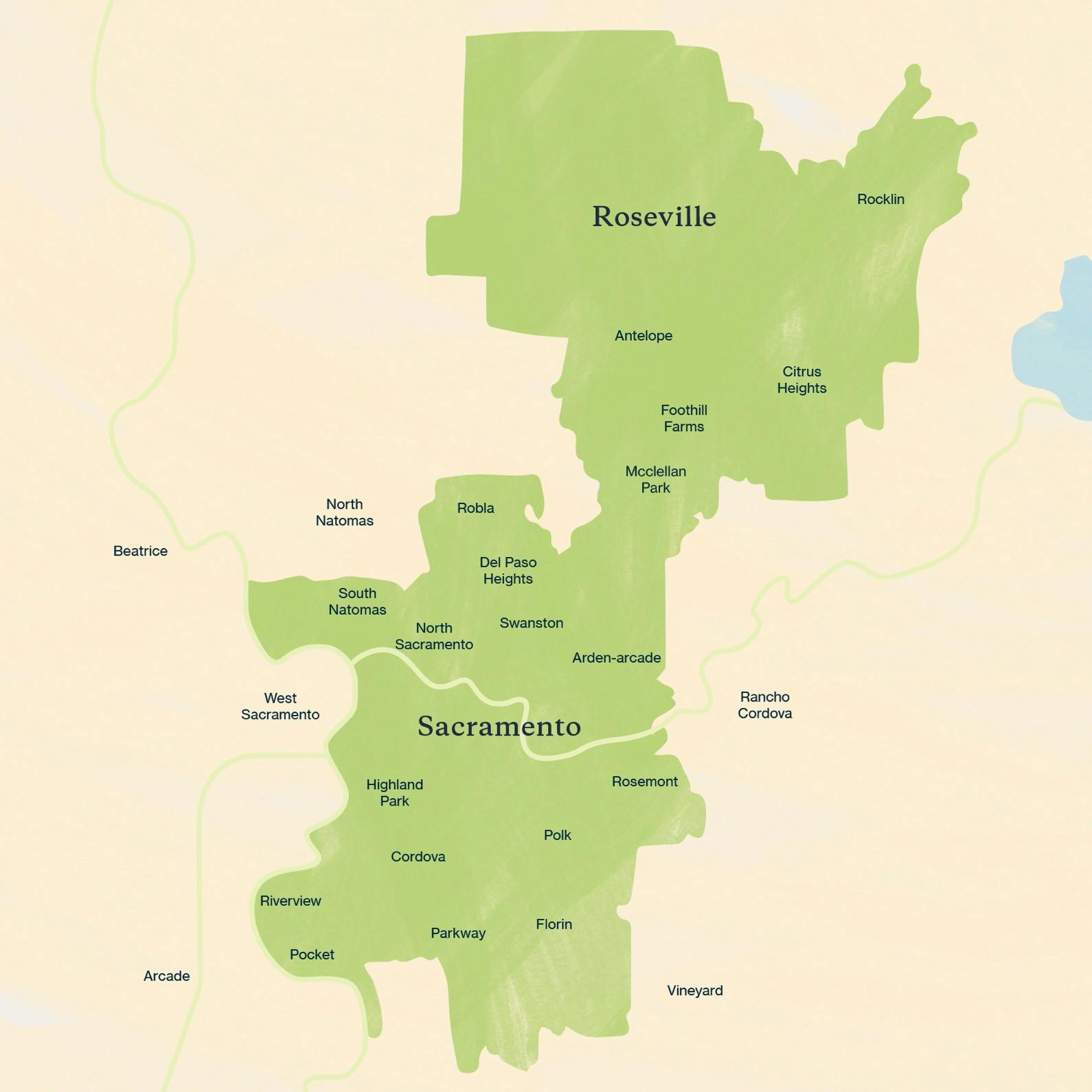 The Sacramento courier service zone is shown of green