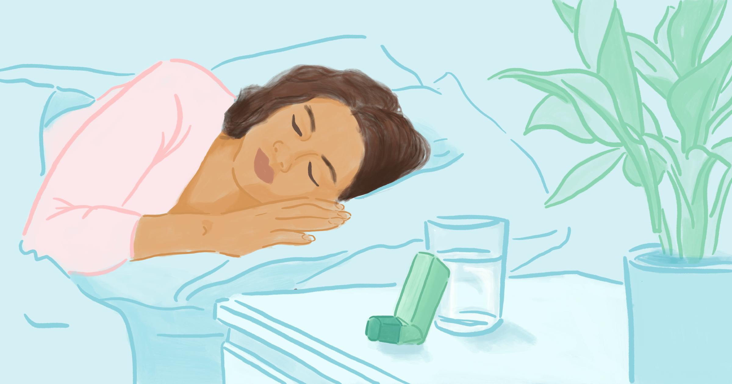 Woman sleeping; asthma inhaler on bedside