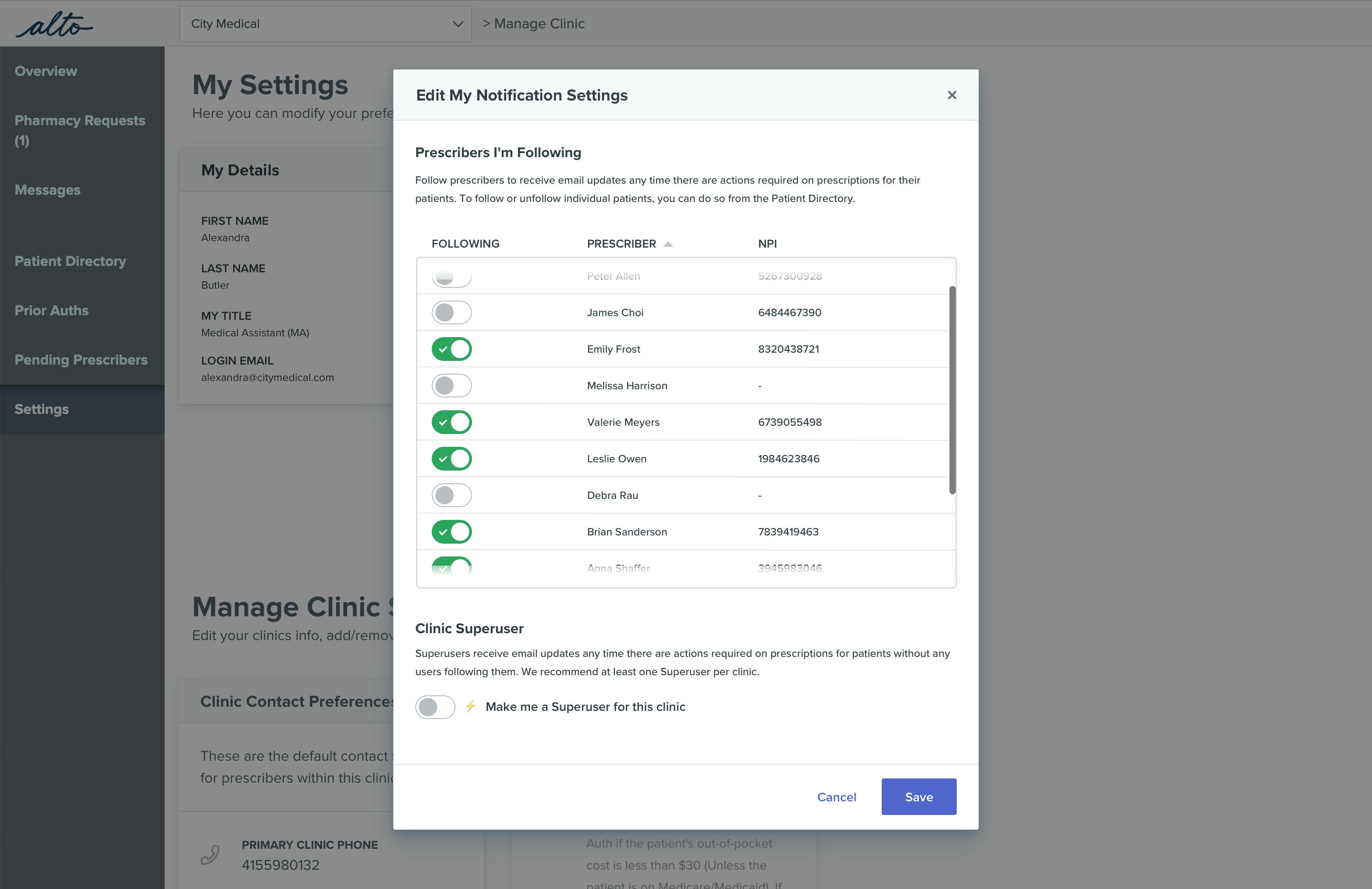 Select prescribers to receive email alerts on pharmacy requests