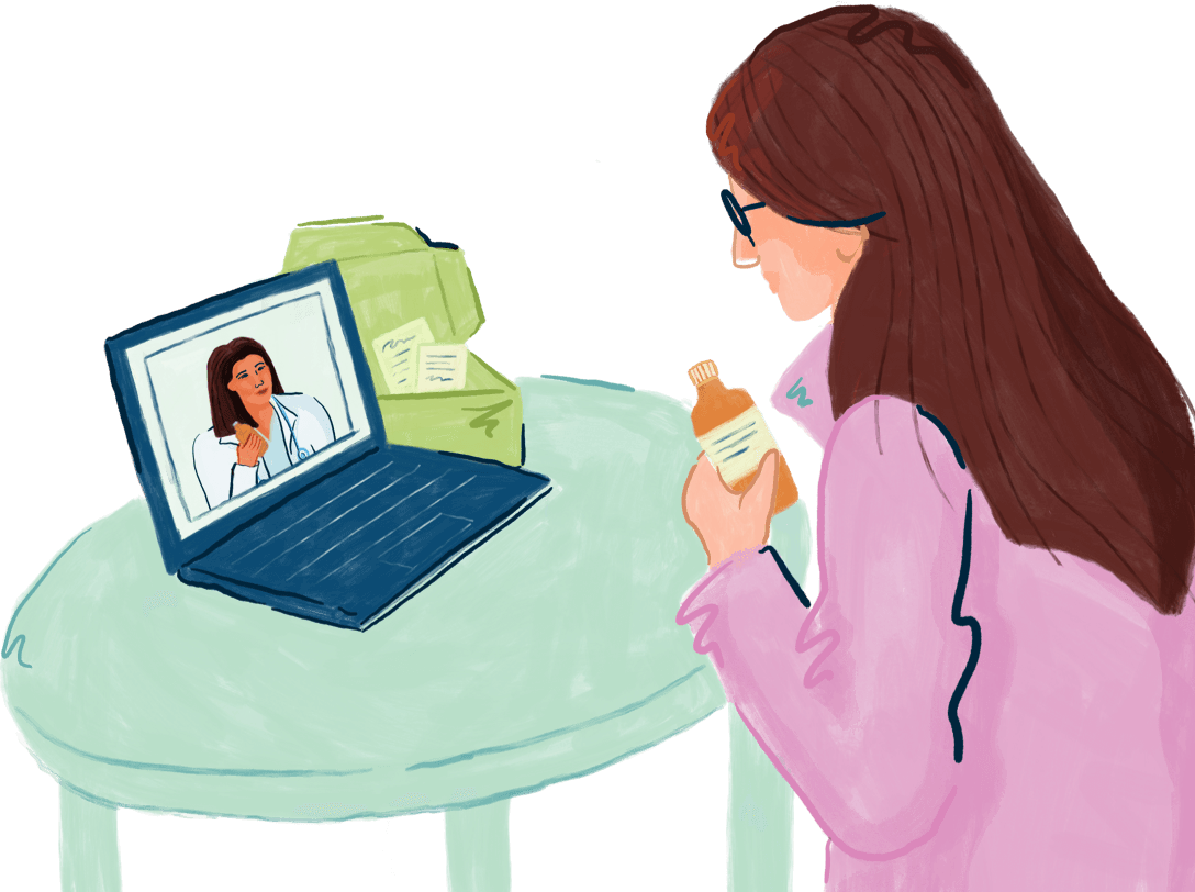 Chat with a pharmacist anytime - illustration of a customer speaking with a pharmacist on her computer