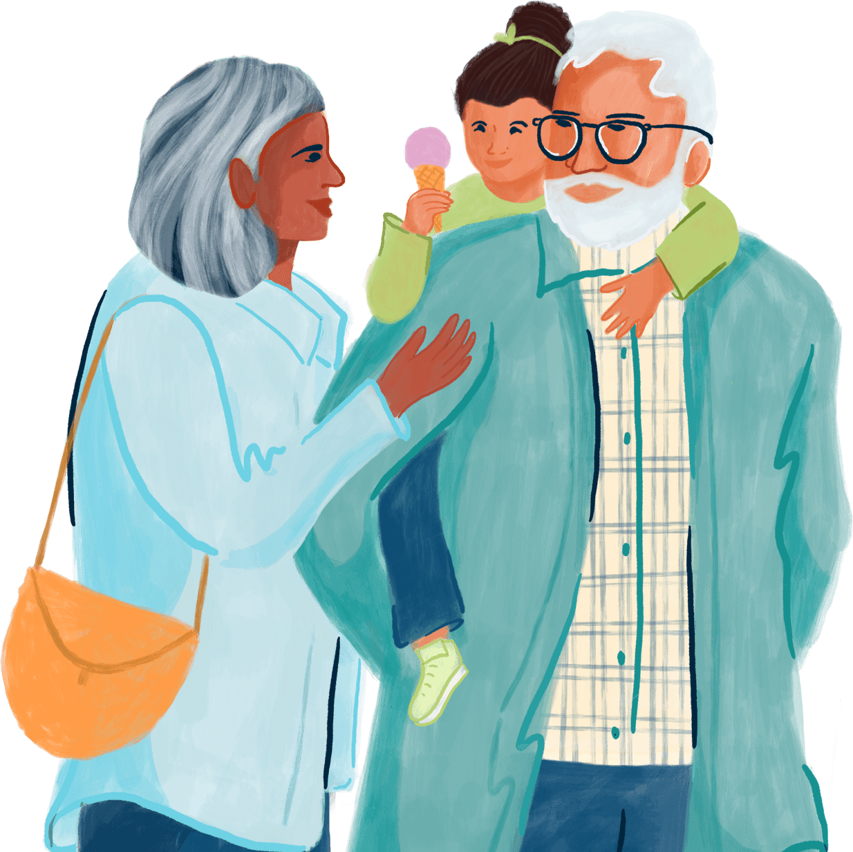 illustration of two grandparents eating ice cream with their granddaughter