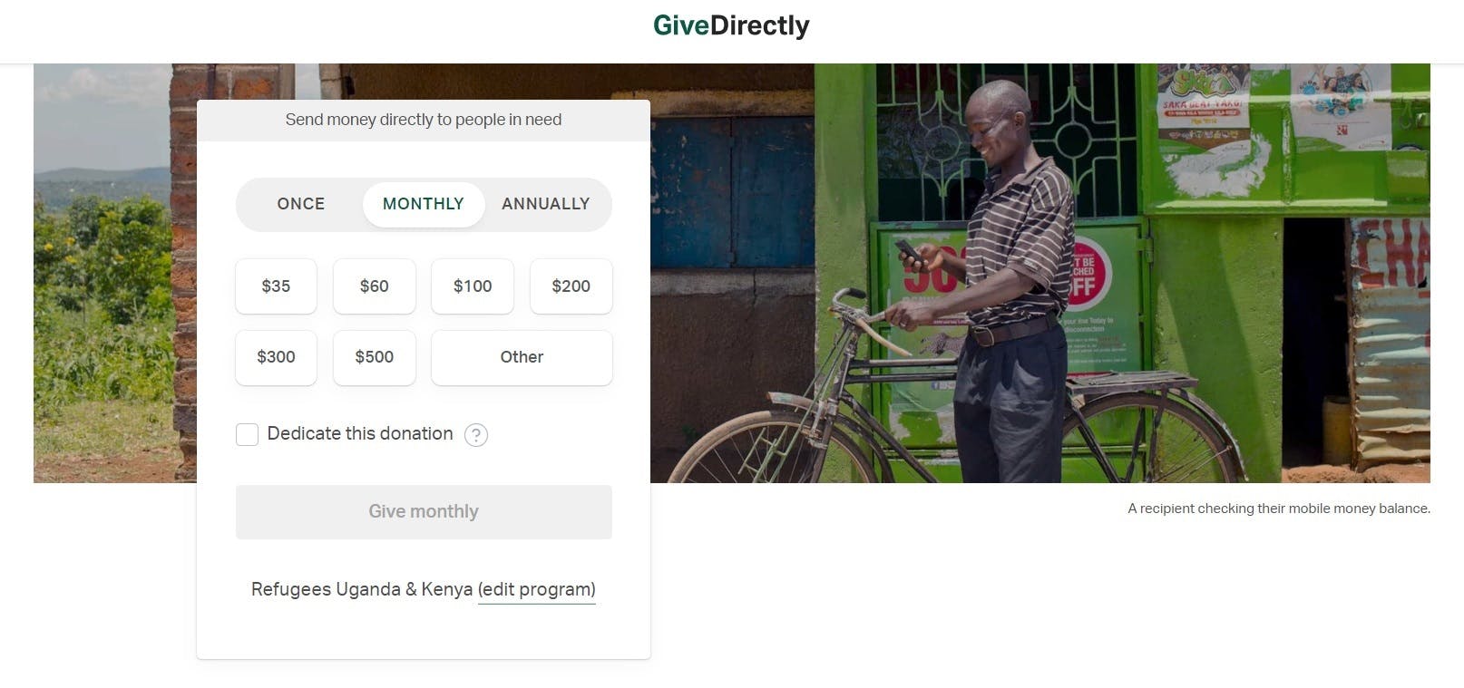 GiveDirectly donation recipient checking their mobile money balance