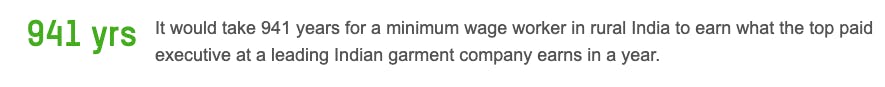 It would take 941 years for a minimum wage worker in rural India to earn what the top paid executive at a leading Indian garment company earns in a year