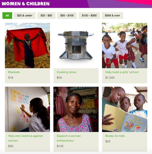 Oxfam lets you purchase charity gifts that support children in the poorest regions