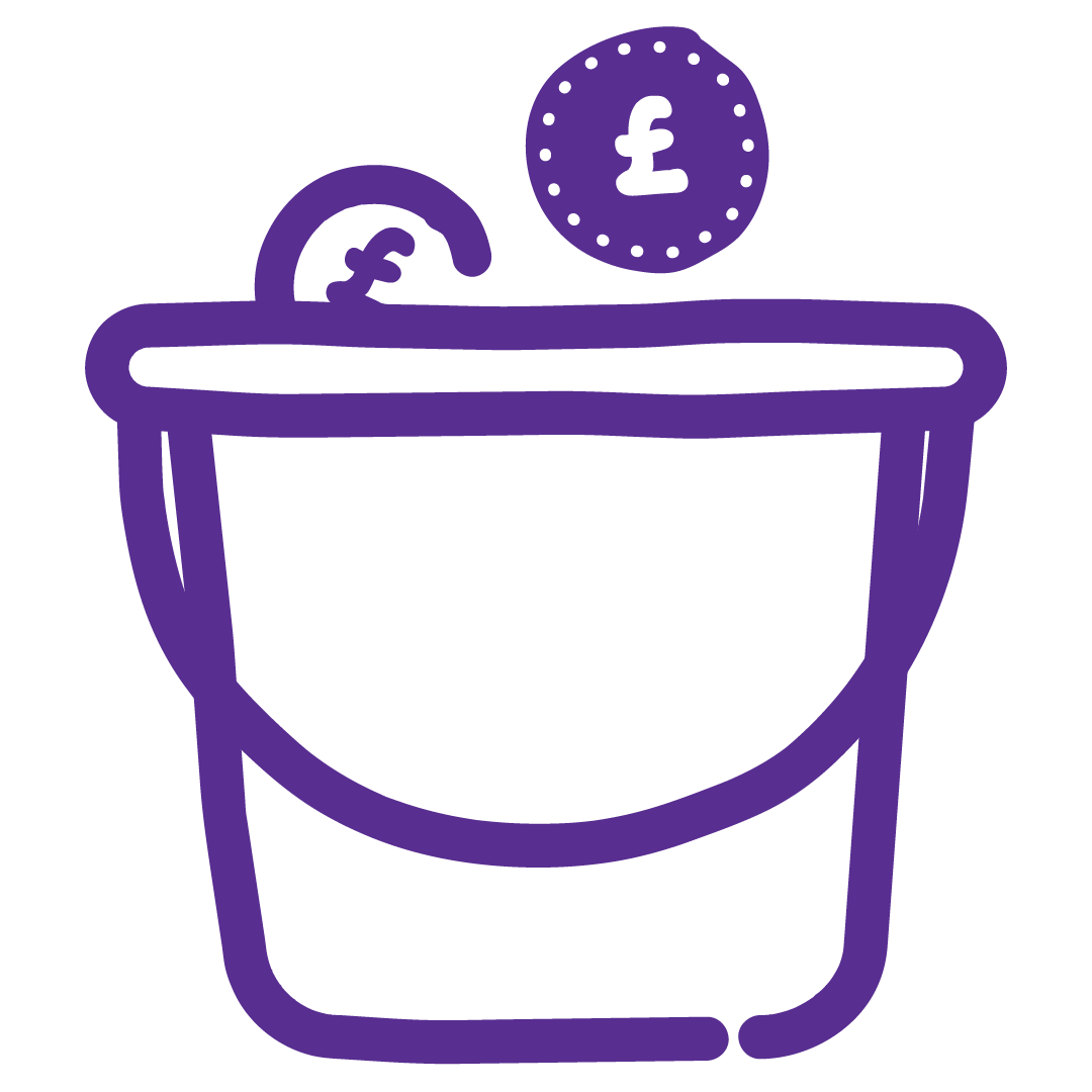 Illustration of a bucket with coins dropping into it