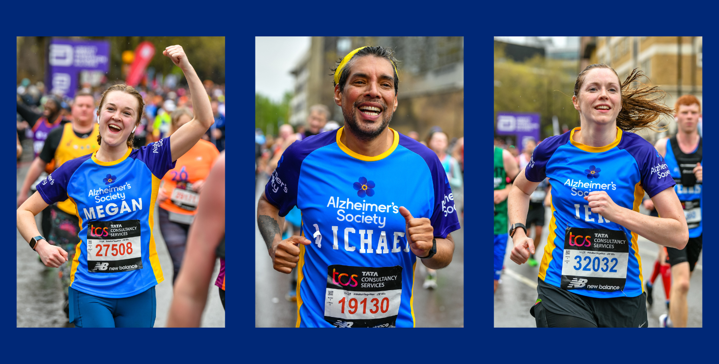 Three people running in their Alzheimer's Society shirts