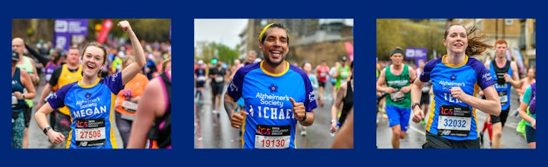 Three people running in their Alzheimer's Society shirts