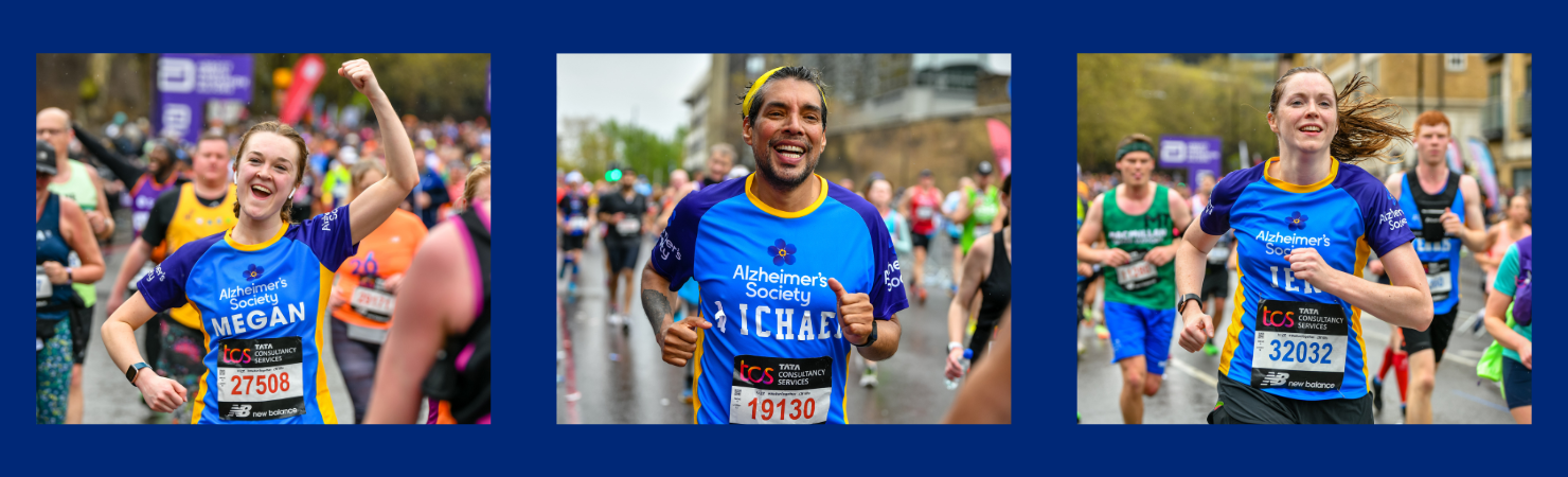 Three people running in their Alzheimer's Society shirts