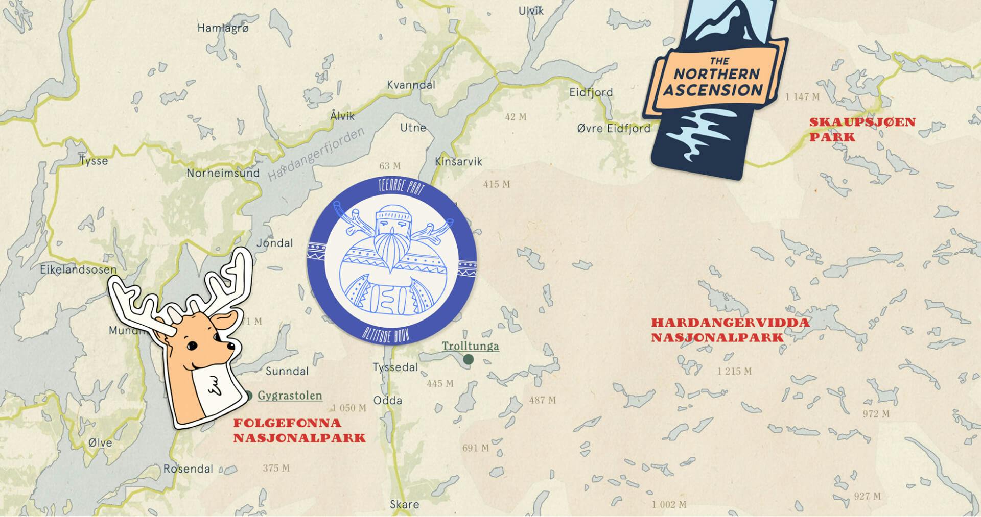 Stickers on vintage map of Norway