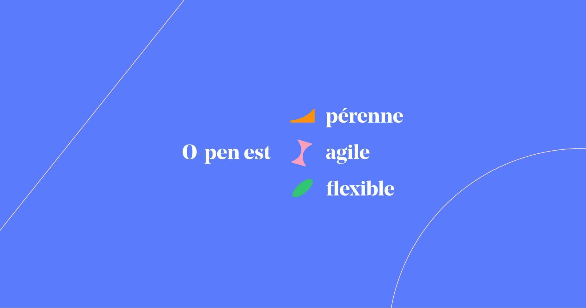 "Open est pérenne, agile et flexible" with pictograms