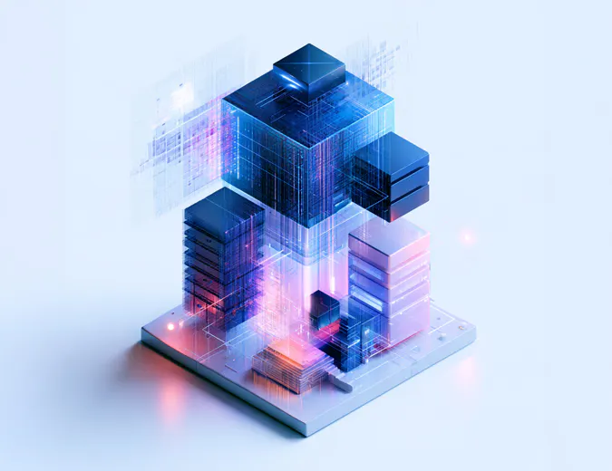 Futuristic 3D isometric illustration of modular, glowing blue and pink server blocks representing private AI infrastructure and web hosting architecture.