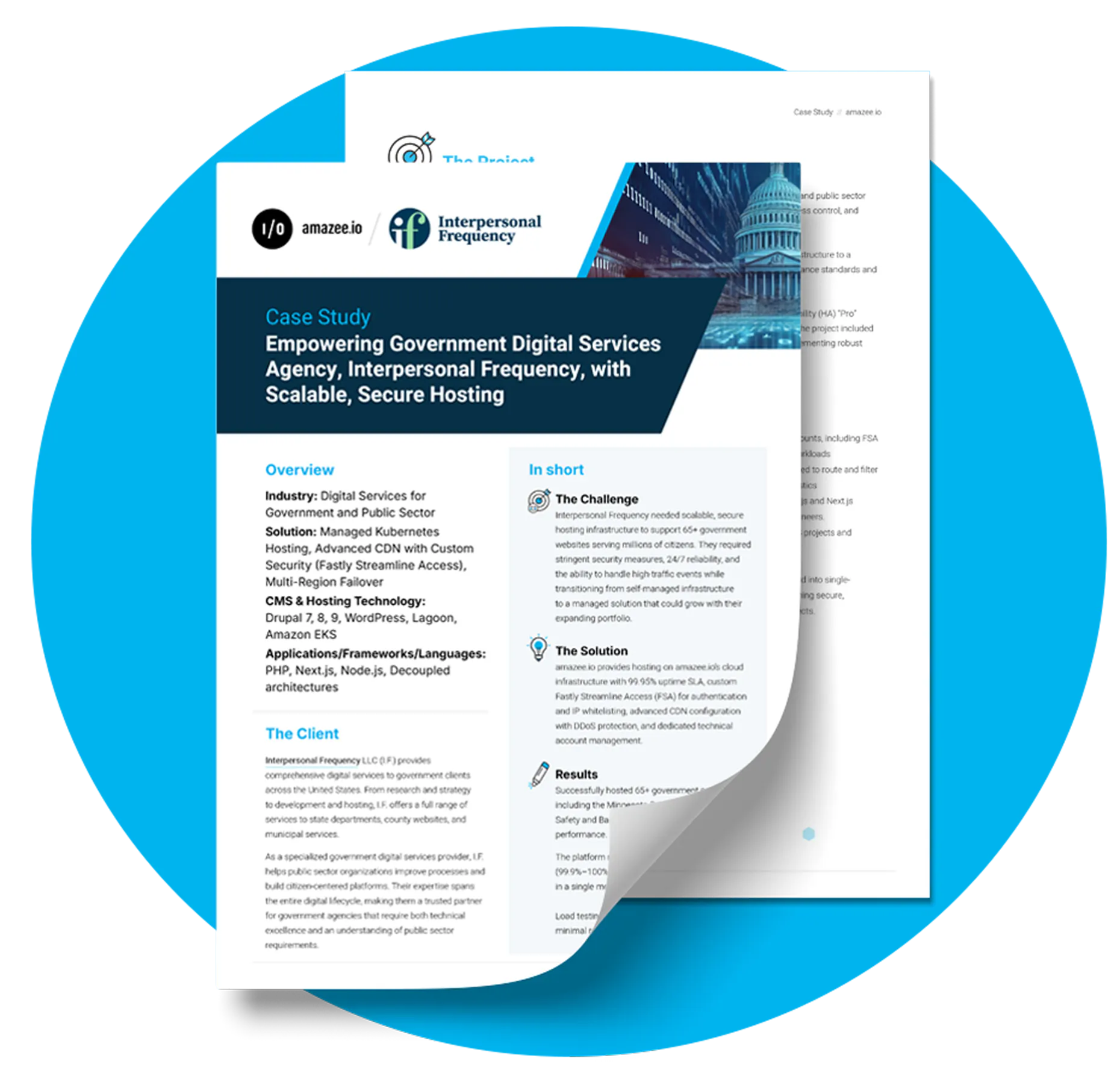 Case study document preview for amazee.io and Interpersonal Frequency titled "Empowering Government Digital Services Agency, Interpersonal Frequency, with Scalable, Secure Hosting", set against a blue circle background.