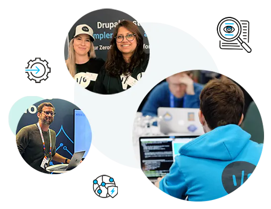 Photo collage featuring the amazee.io tech team at a Drupal community event, presenting on laptops and collaborating alongside technical security and network icons.
