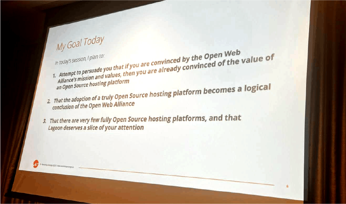 Slide from Bryan's LagoonCon presentation, listing his goals for the session