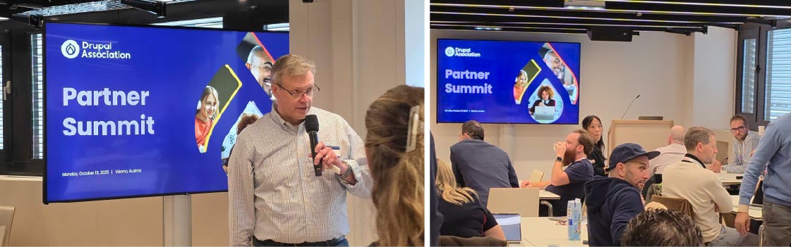 A side-by-side photo of the Drupal Association Partner Summit in Vienna.
Left Image: A man in a light blue patterned shirt is speaking into a microphone. Behind him is a large screen displaying a dark blue slide with the Drupal Association logo and the text "Partner Summit."
Right Image: A wider view of the same room, showing several people seated around a table, engaged in discussion. The "Partner Summit" slide is visible on the screen in the background.