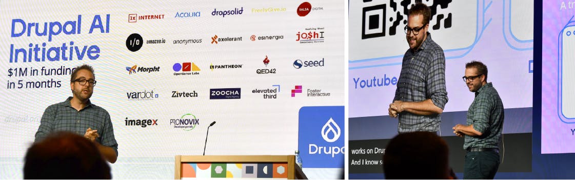 A side-by-side photo of Dries Buytaert presenting during a keynote at DrupalCon Europe 2025, in Vienna.
Left Image: Dries is standing at a lectern with his hands clasped. Behind him is a large screen displaying the title "Drupal AI Initiative" and a long list of sponsor logos for the initiative. The text also mentions "$1M in funding in 5 months."
Right Image: A closer shot showing Dries on stage with another person, both facing the audience. They are standing in front of a digital screen that displays a QR code and various presentation graphics.