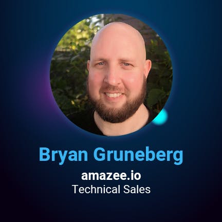 A professional headshot of Bryan Gruneberg, Technical Sales at amazee.io, presented in a circular frame against a dark blue background with glowing teal and purple accents.