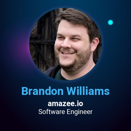 A professional headshot of Brandon Williams, Software Engineer at amazee.io, set within a circular frame on a dark blue background with glowing teal and purple accents.
