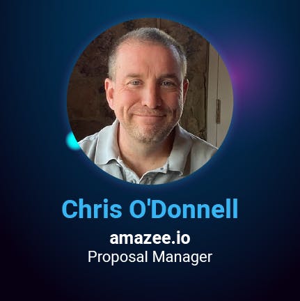 A professional headshot of Chris O'Donnell, Proposal Manager at amazee.io, displayed in a circular frame against a dark blue background with glowing teal and purple accents.