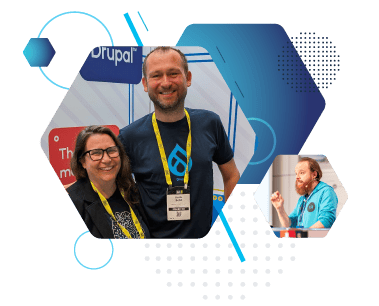 Graphic for DrupalCon Chicago 2026 featuring the amazee.io team. The main hexagonal frame shows two team members, including Michael Schmid, smiling at a previous event. A smaller hexagonal inset to the right shows a speaker in a teal branded hoodie presenting on stage, all set against a modern blue geometric background.
