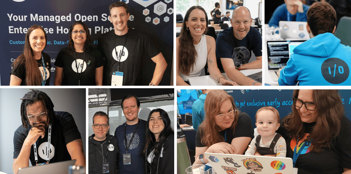 A collage of six photos showcasing the amazee.io team in action. Images include team members smiling at conference booths, working on laptops, and engaging in collaborative sessions. The bottom-right photo features two team members with a young child, highlighting the company's family-friendly culture.