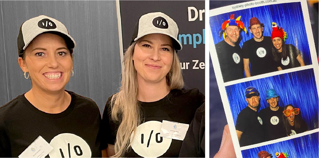 A composite image showing members of the amazee.io team having fun at an event. On the left, two team members wear branded hats; on the right, a vertical photo booth strip shows colleagues wearing colorful, silly hats and oversized glasses.