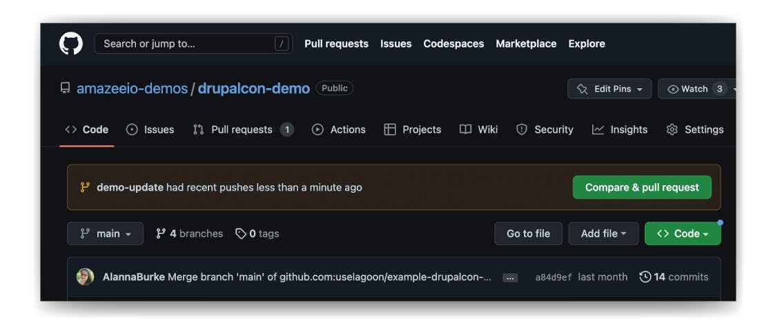 In GitHub, we can see our pushed branch, and now we'll create a pull request.