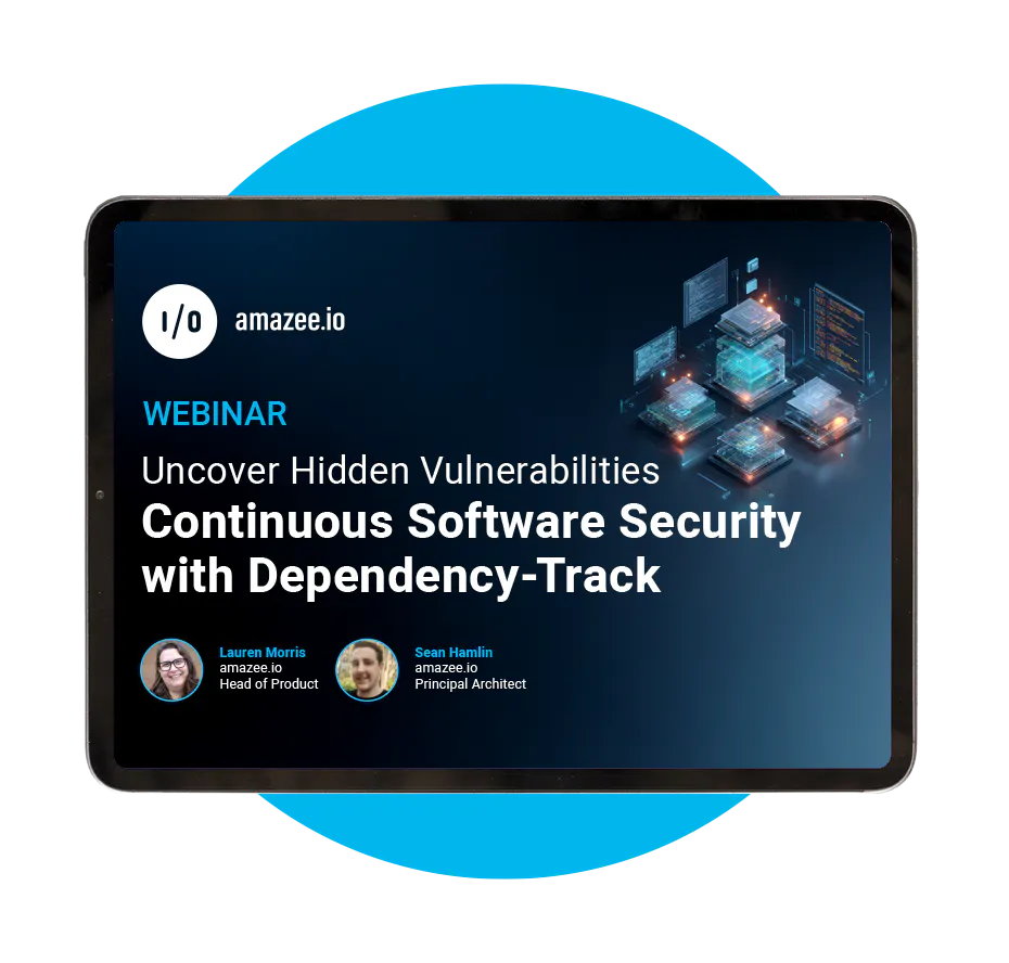 A promotional graphic centered on a bright blue circular background. The graphic shows the amazee.io webinar invitation for "Continuous Software Security with Dependency-Track" alongside a 3D technical illustration of secure data blocks.