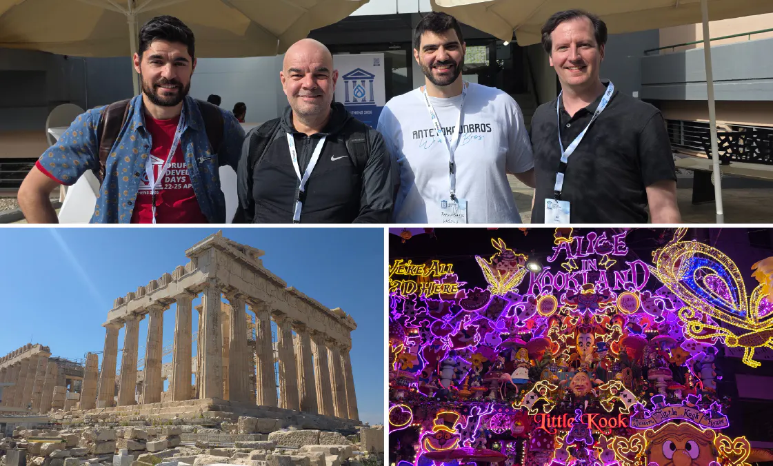 A collage of three photos from Drupal Dev Days Athens 2026. The top panel shows four men from the conference smiling at the event venue. The bottom left shows the ancient Parthenon temple under a clear blue sky. The bottom right features the vibrant, neon-lit "Alice in Kookland" exterior of the Little Kook café in Athens.