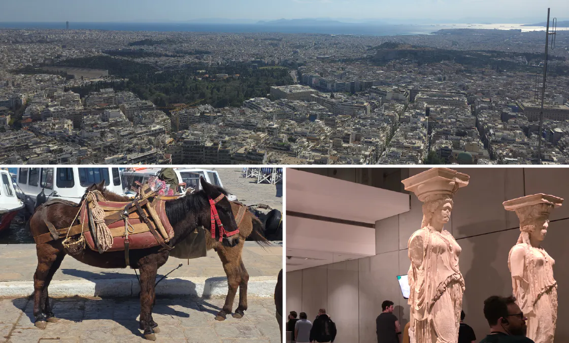 A collage of three photos showcasing Greek culture and scenery. The top panel is a wide panoramic view of the Athens city skyline stretching to the Aegean Sea. The bottom left shows a traditional saddled donkey standing by the water in Hydra. The bottom right shows two ancient Caryatid statues on display inside the Acropolis Museum.