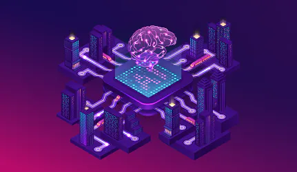 Teaser graphic for amazee.ai artificial intelligence solutions at DrupalCon Rotterdam. Displays an isometric 3D glowing neural network brain hovering above a purple silicon chip matrix, linked to digital city towers by illuminated data pathways.