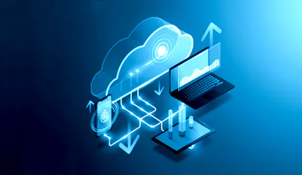 Teaser image for amazee.io open-source cloud hosting at DrupalCon Rotterdam. Illustrates a glowing blue isometric cloud data server sending traffic to a laptop with analytics charts, a tablet, and a mobile phone running a Drupal application.
