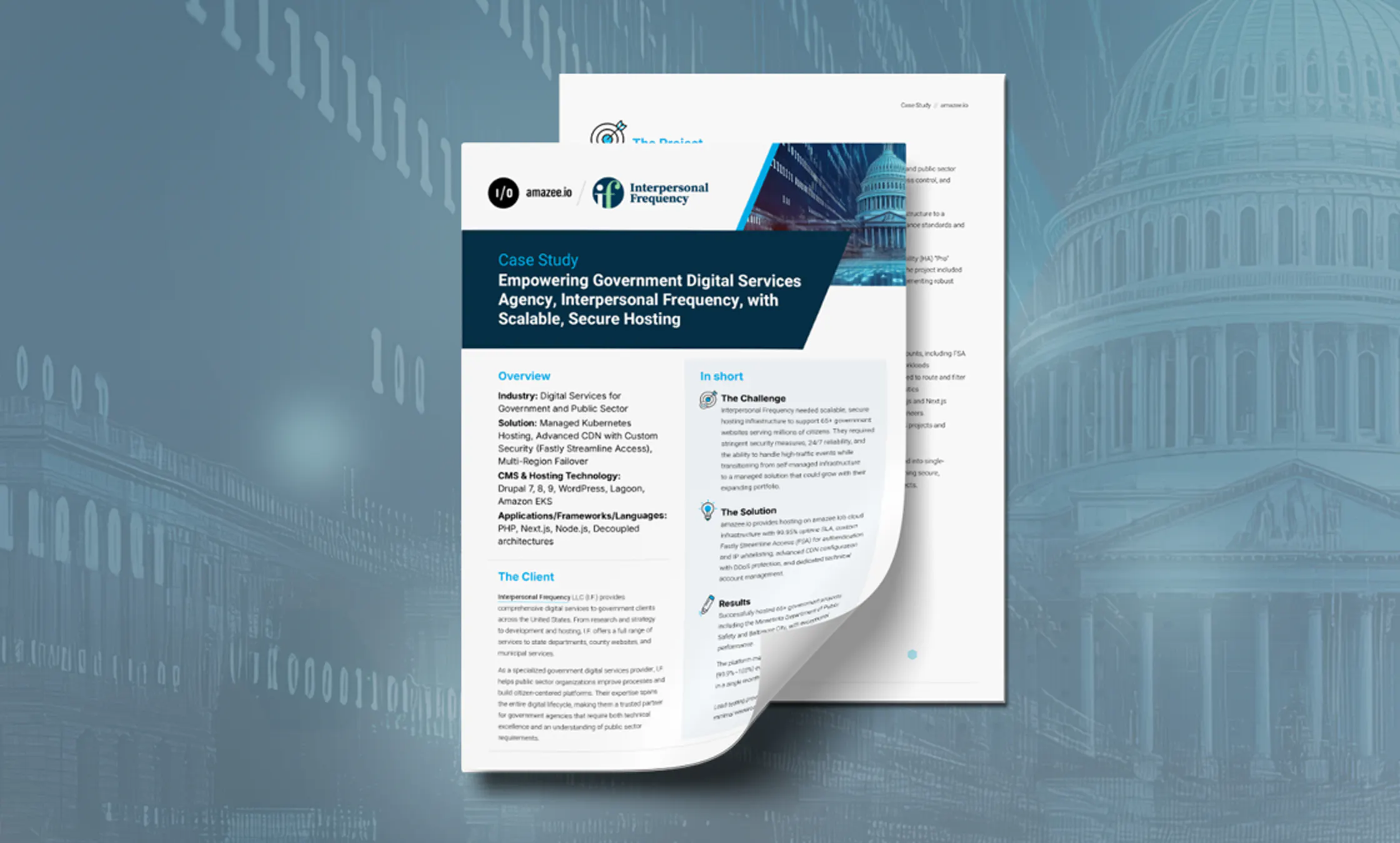 Resource card image for the amazee.io case study with Interpersonal Frequency on scalable, secure hosting for 65+ government websites, set against a US Capitol building background.