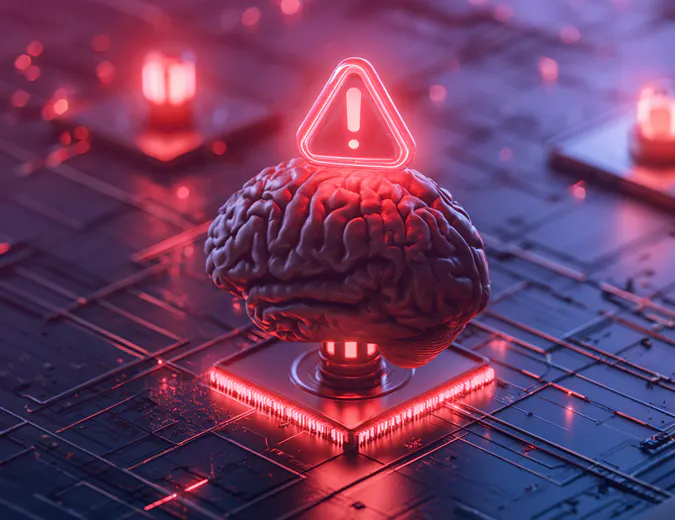 Glowing red 3D rendering of a human brain on a circuit board with a warning sign, representing AI security risks and governance for enterprise systems.