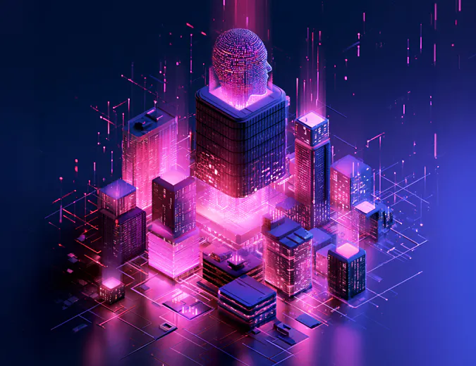 Featured hero visual for the sponsored session at DrupalCon Rotterdam 2026 presented by amazee.io and amazee.ai. Displays a futuristic isometric cityscape constructed over a glowing purple and magenta microchip circuit board, featuring a central server skyscraper topped with an illuminated, wireframe 3D digital AI head.