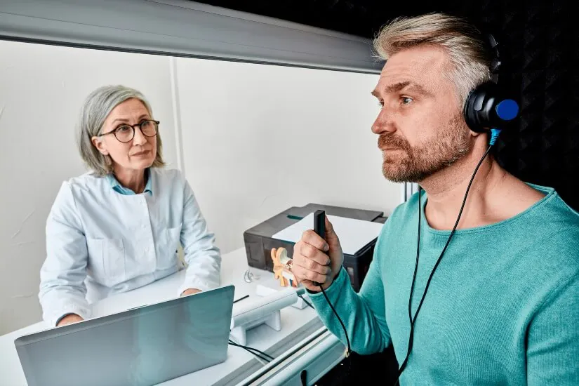 Audiologist conducting hearing test on a patient in Lely, Marco Island, and East Naples, FL
