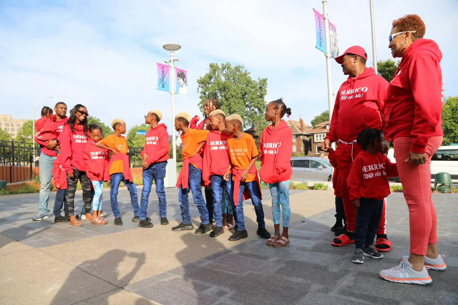 Family in red hoodies