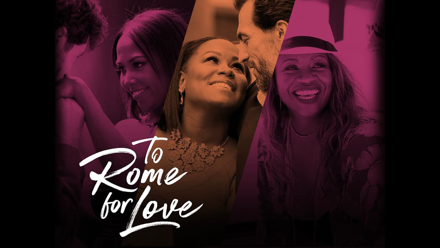 Shots of 3 women with To Rome for Love logo