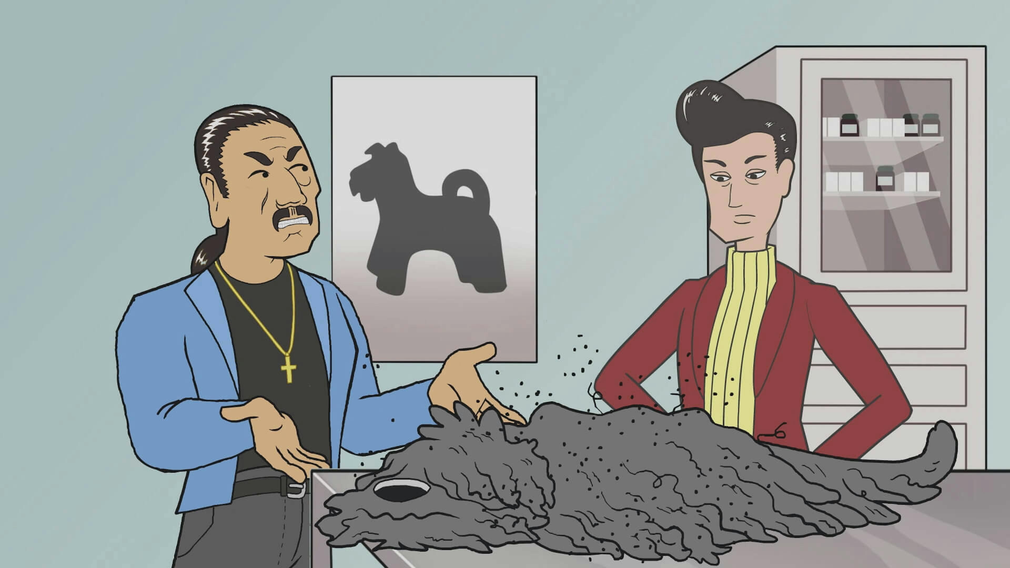 Cartoon of two men looking at animal table