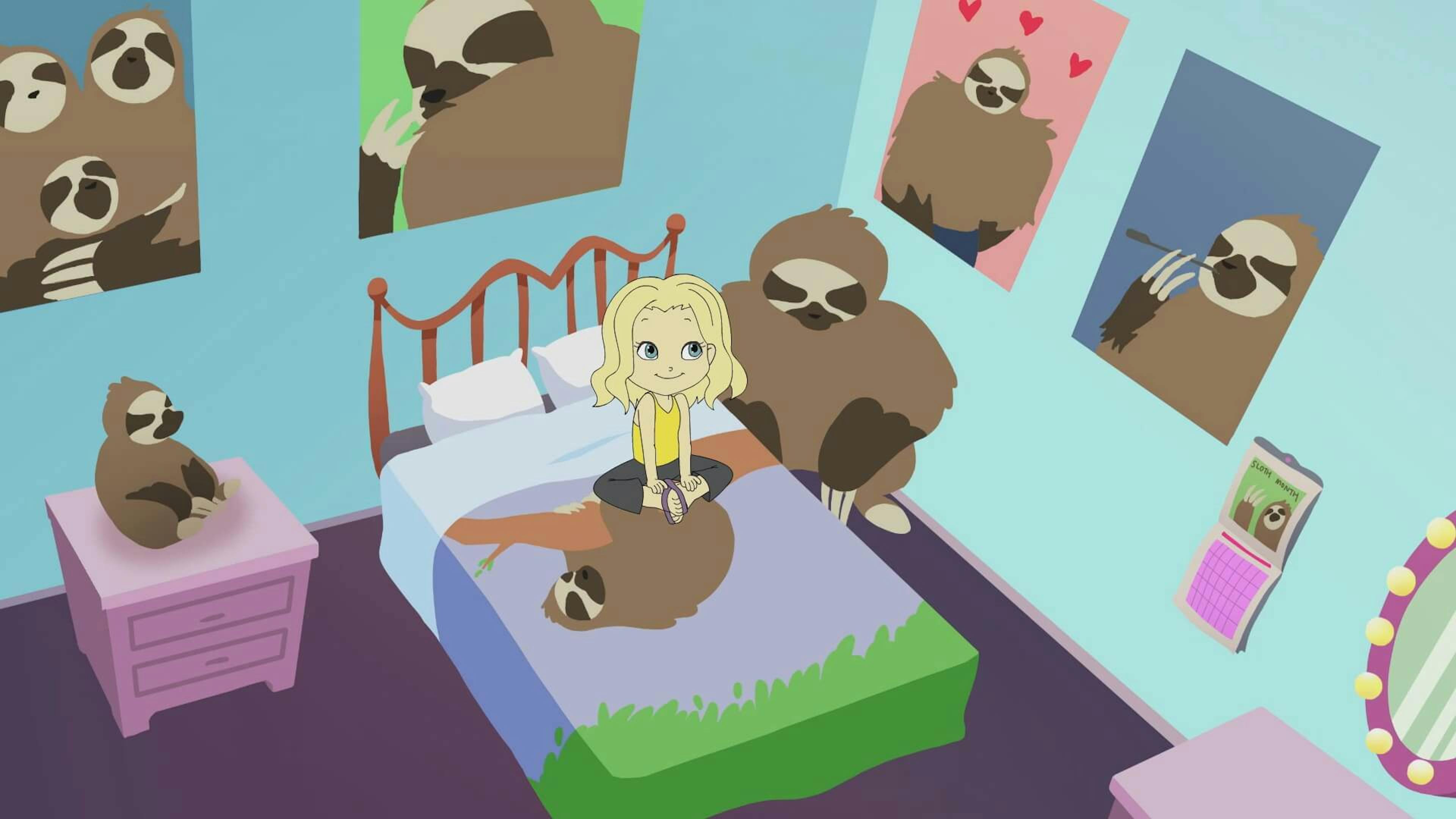 Cartoon of young girl with Sloth themed bedroom